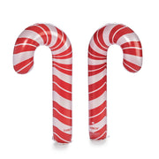 Two inflatable candy canes with red and white stripes on a white background